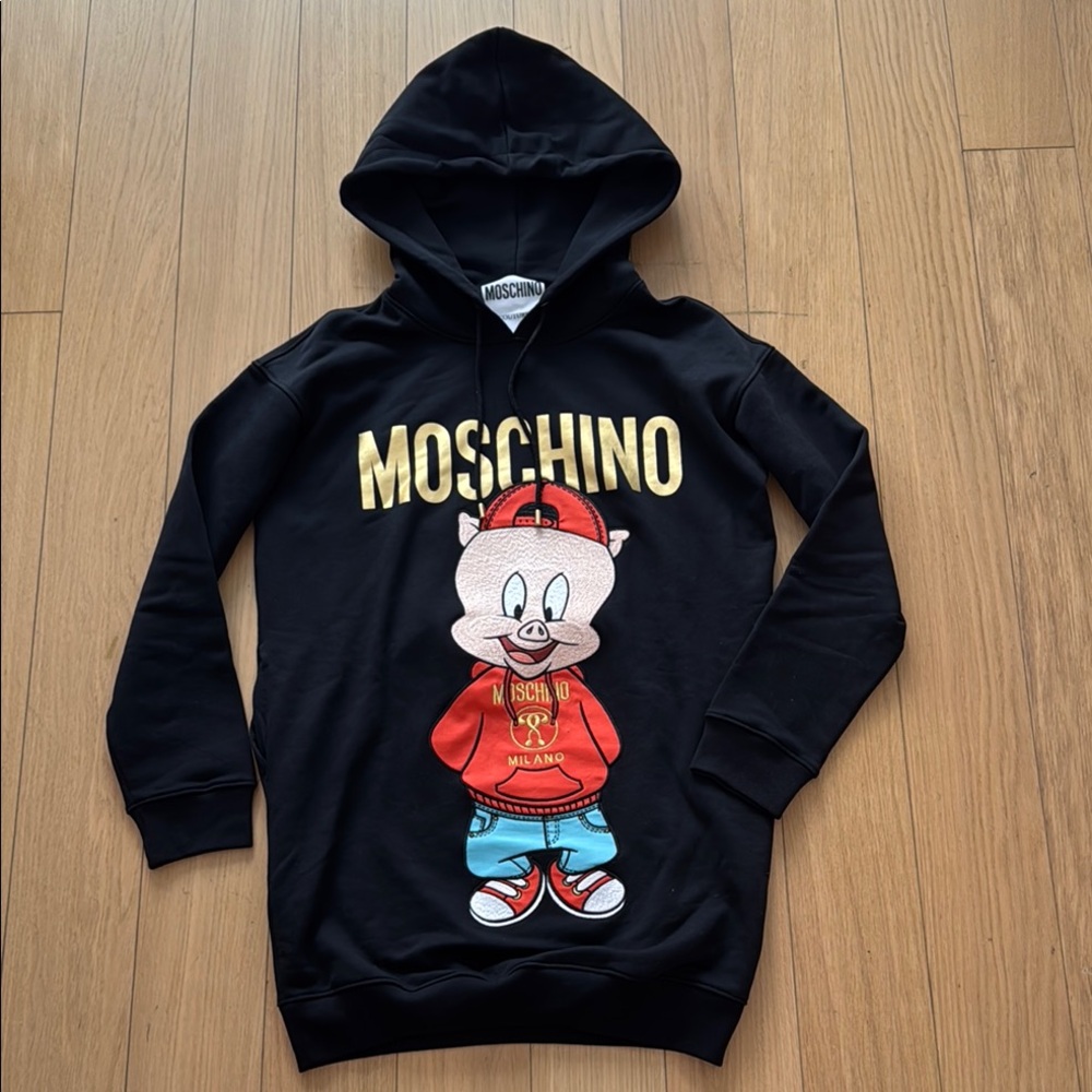 Moschino Black Logo Print Hoodie Dress